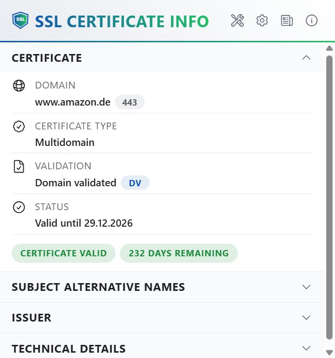 Extension popup showing certificate summary and validity